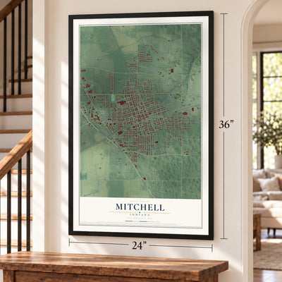 Mitchell, Indiana map, 24 x 36 inch print in a black frame by a staircase