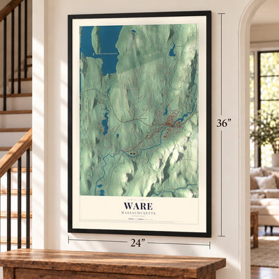 Ware, Massachusetts map, 24 x 36 inch print in a black frame by a staircase