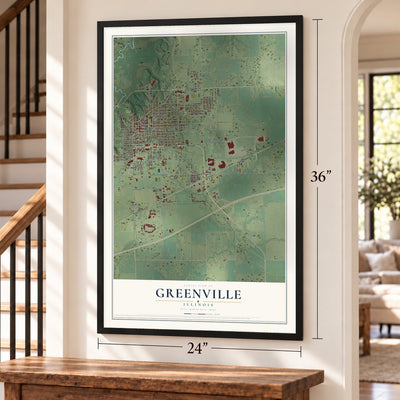 Greenville, Illinois map, 24 x 36 inch print in a black frame by a staircase