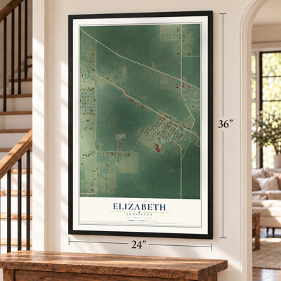 Elizabeth, Louisiana map, 24 x 36 inch print in a black frame by a staircase