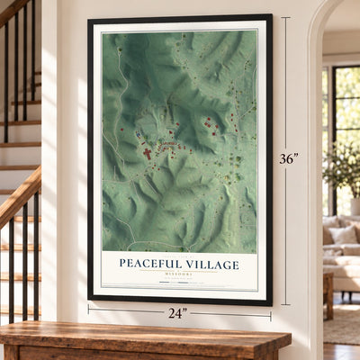 Peaceful Village, Missouri map, 24 x 36 inch print in a black frame by a staircase