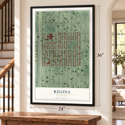 Regina, Minnesota map, 24 x 36 inch print in a black frame by a staircase