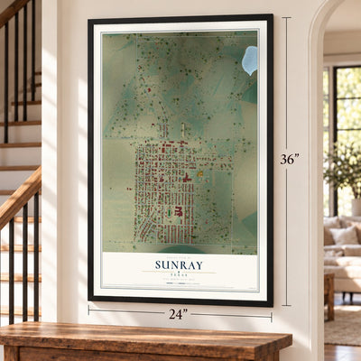 Sunray, Texas map, 24 x 36 inch print in a black frame by a staircase