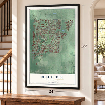 Mill Creek, Washington map, 24 x 36 inch print in a black frame by a staircase