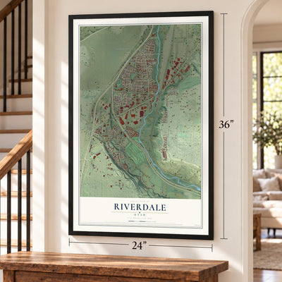 Riverdale, Utah map, 24 x 36 inch print in a black frame by a staircase