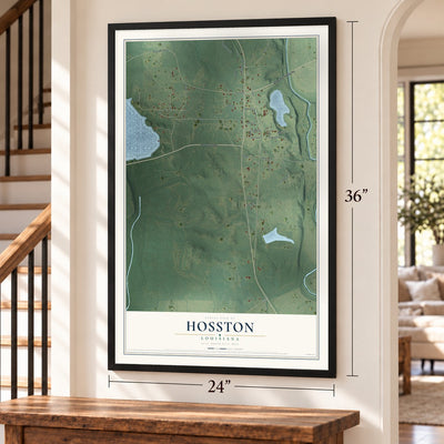 Hosston, Louisiana map, 24 x 36 inch print in a black frame by a staircase