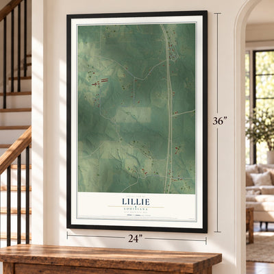 Lillie, Louisiana map, 24 x 36 inch print in a black frame by a staircase