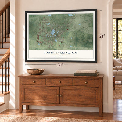 South Barrington, Illinois map, 24 x 36 inch print in a black frame above a dresser by a staircase