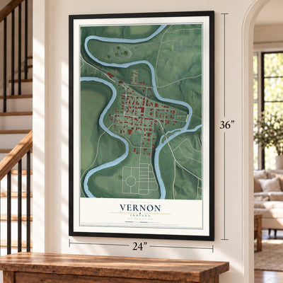 Vernon, Indiana map, 24 x 36 inch print in a black frame by a staircase