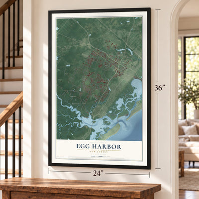 Egg Harbor, New Jersey map, 24 x 36 inch print in a black frame by a staircase