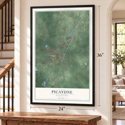 Picayune, Mississippi map, 24 x 36 inch print in a black frame by a staircase