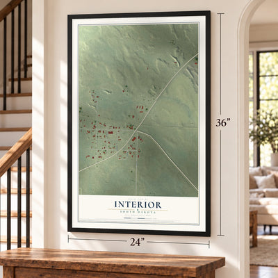Interior, South Dakota map, 24 x 36 inch print in a black frame by a staircase