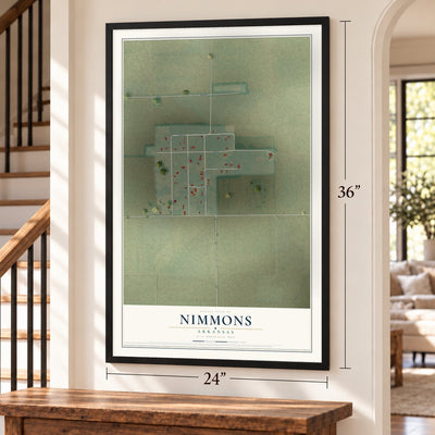 Nimmons, Arkansas map, 24 x 36 inch print in a black frame by a staircase
