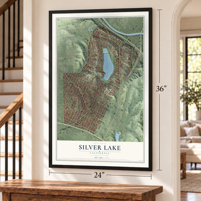 Silver Lake, California map, 24 x 36 inch print in a black frame by a staircase