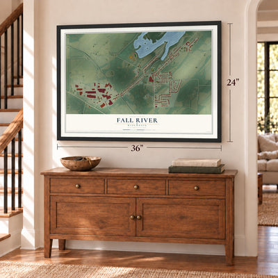 Fall River, Wisconsin map, 24 x 36 inch print in a black frame above a dresser by a staircase