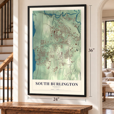 South Burlington, Vermont map, 24 x 36 inch print in a black frame by a staircase