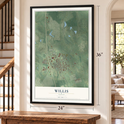 Willis, Texas map, 24 x 36 inch print in a black frame by a staircase