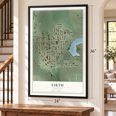 Firth, Nebraska map, 24 x 36 inch print in a black frame by a staircase