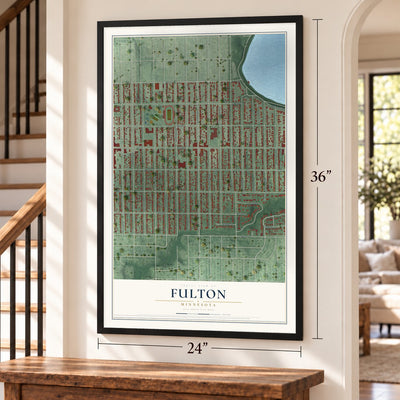 Fulton, Minnesota map, 24 x 36 inch print in a black frame by a staircase