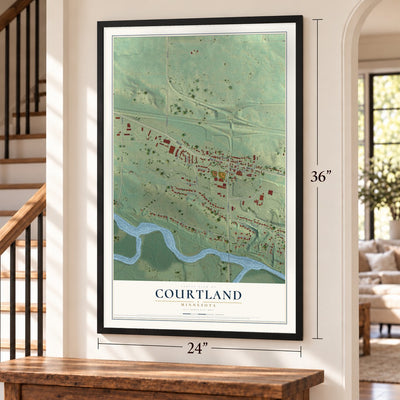 Courtland, Minnesota map, 24 x 36 inch print in a black frame by a staircase