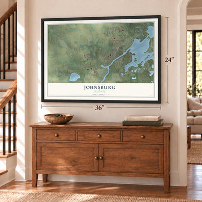 Johnsburg, Illinois map, 24 x 36 inch print in a black frame above a dresser by a staircase
