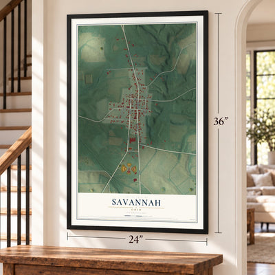 Savannah, Ohio map, 24 x 36 inch print in a black frame by a staircase