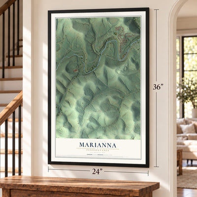 Marianna, Pennsylvania map, 24 x 36 inch print in a black frame by a staircase