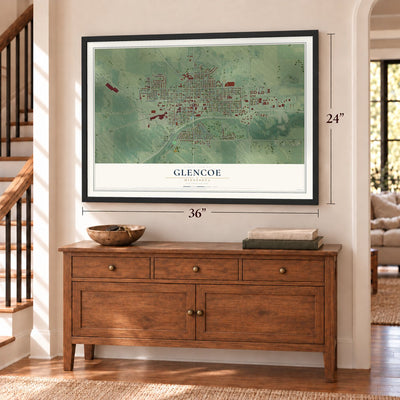 Glencoe, Minnesota map, 24 x 36 inch print in a black frame above a dresser by a staircase