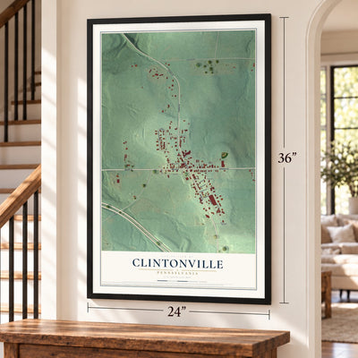 Clintonville, Pennsylvania map, 24 x 36 inch print in a black frame by a staircase
