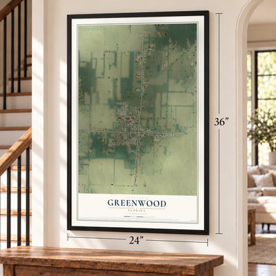 Greenwood, Florida map, 24 x 36 inch print in a black frame by a staircase