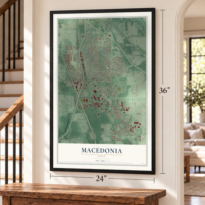 Macedonia, Ohio map, 24 x 36 inch print in a black frame by a staircase