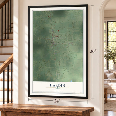 Hardin, Texas map, 24 x 36 inch print in a black frame by a staircase