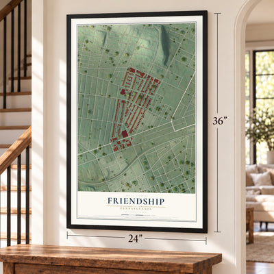 Friendship, Pennsylvania map, 24 x 36 inch print in a black frame by a staircase