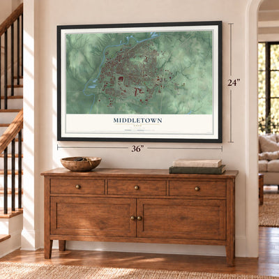 Middletown, Ohio map, 24 x 36 inch print in a black frame above a dresser by a staircase