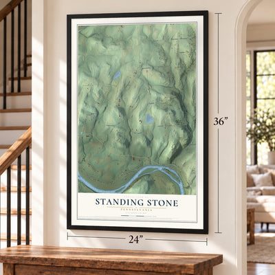 Standing Stone, Pennsylvania map, 24 x 36 inch print in a black frame by a staircase