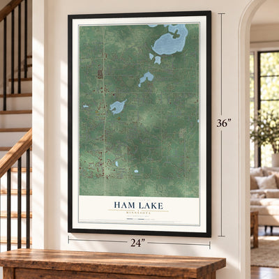 Ham Lake, Minnesota map, 24 x 36 inch print in a black frame by a staircase