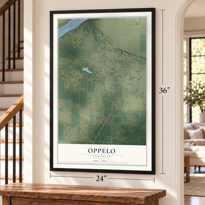 Oppelo, Arkansas map, 24 x 36 inch print in a black frame by a staircase