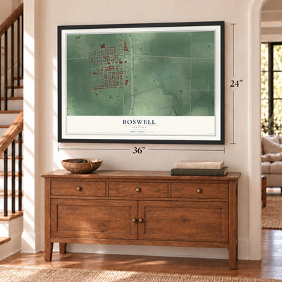 Boswell, Indiana map, 24 x 36 inch print in a black frame above a dresser by a staircase
