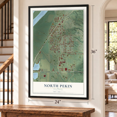 North Pekin, Illinois map, 24 x 36 inch print in a black frame by a staircase