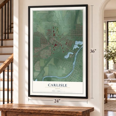 Carlisle, Ohio map, 24 x 36 inch print in a black frame by a staircase