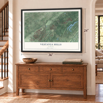 Vestavia Hills, Alabama map, 24 x 36 inch print in a black frame above a dresser by a staircase