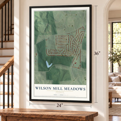 Wilson Mill Meadows, Georgia map, 24 x 36 inch print in a black frame by a staircase
