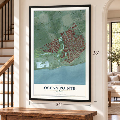Ocean Pointe, Hawaii map, 24 x 36 inch print in a black frame by a staircase
