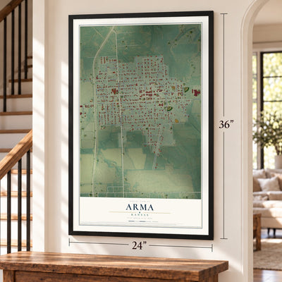 Arma, Kansas map, 24 x 36 inch print in a black frame by a staircase