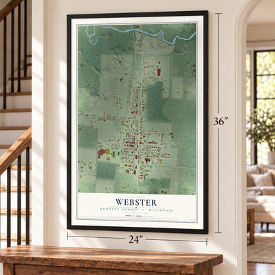 Webster, Burnett County, Wisconsin map, 24 x 36 inch print in a black frame by a staircase