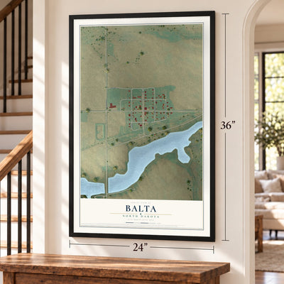 Balta, North Dakota map, 24 x 36 inch print in a black frame by a staircase