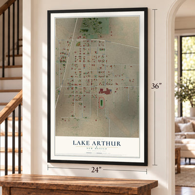 Lake Arthur, New Mexico map, 24 x 36 inch print in a black frame by a staircase