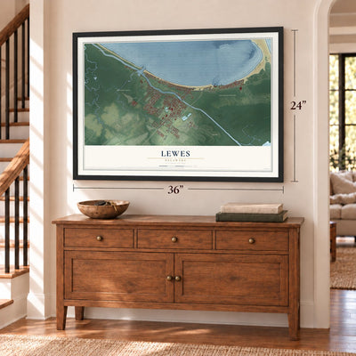 Lewes, Delaware map, 24 x 36 inch print in a black frame above a dresser by a staircase