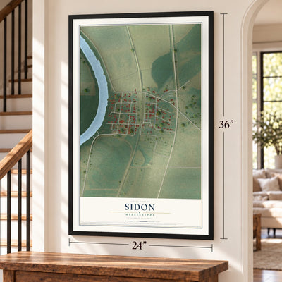 Sidon, Mississippi map, 24 x 36 inch print in a black frame by a staircase