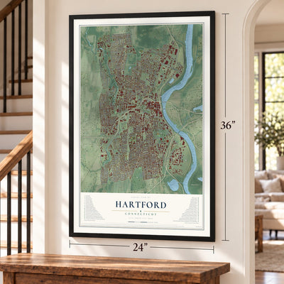 Hartford, Connecticut map, 24 x 36 inch print in a black frame by a staircase